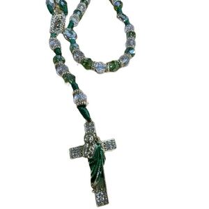 Elegant San Judas Green and Silver Beaded Necklace with Cross Pendant